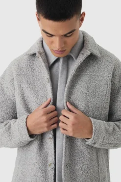 Best Sale boohooMAN Heavyweight Oversized Boucle Overshirt light grey