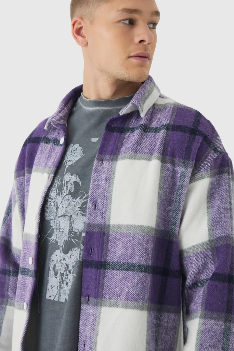 Best boohooMAN Heavyweight Oversized Brushed Check Overshirt purple