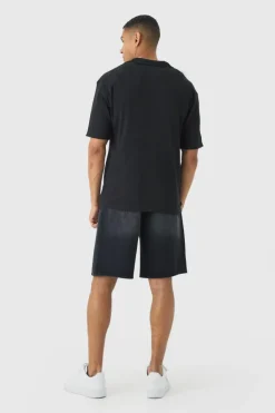 Store boohooMAN Heavyweight Oversized Revere Ribbed Jersey Shirt black