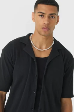 Store boohooMAN Heavyweight Oversized Revere Ribbed Jersey Shirt black
