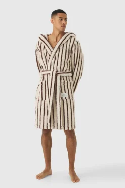 Clearance boohooMAN Heavyweight Stripe Fleece Robe With Woven Tab brown