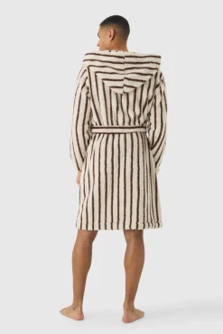 Clearance boohooMAN Heavyweight Stripe Fleece Robe With Woven Tab brown