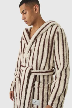 Clearance boohooMAN Heavyweight Stripe Fleece Robe With Woven Tab brown