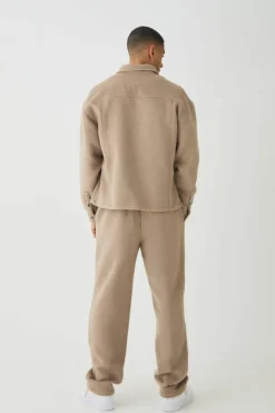 New boohooMAN Heavyweight Tapered Brushed Trousers taupe