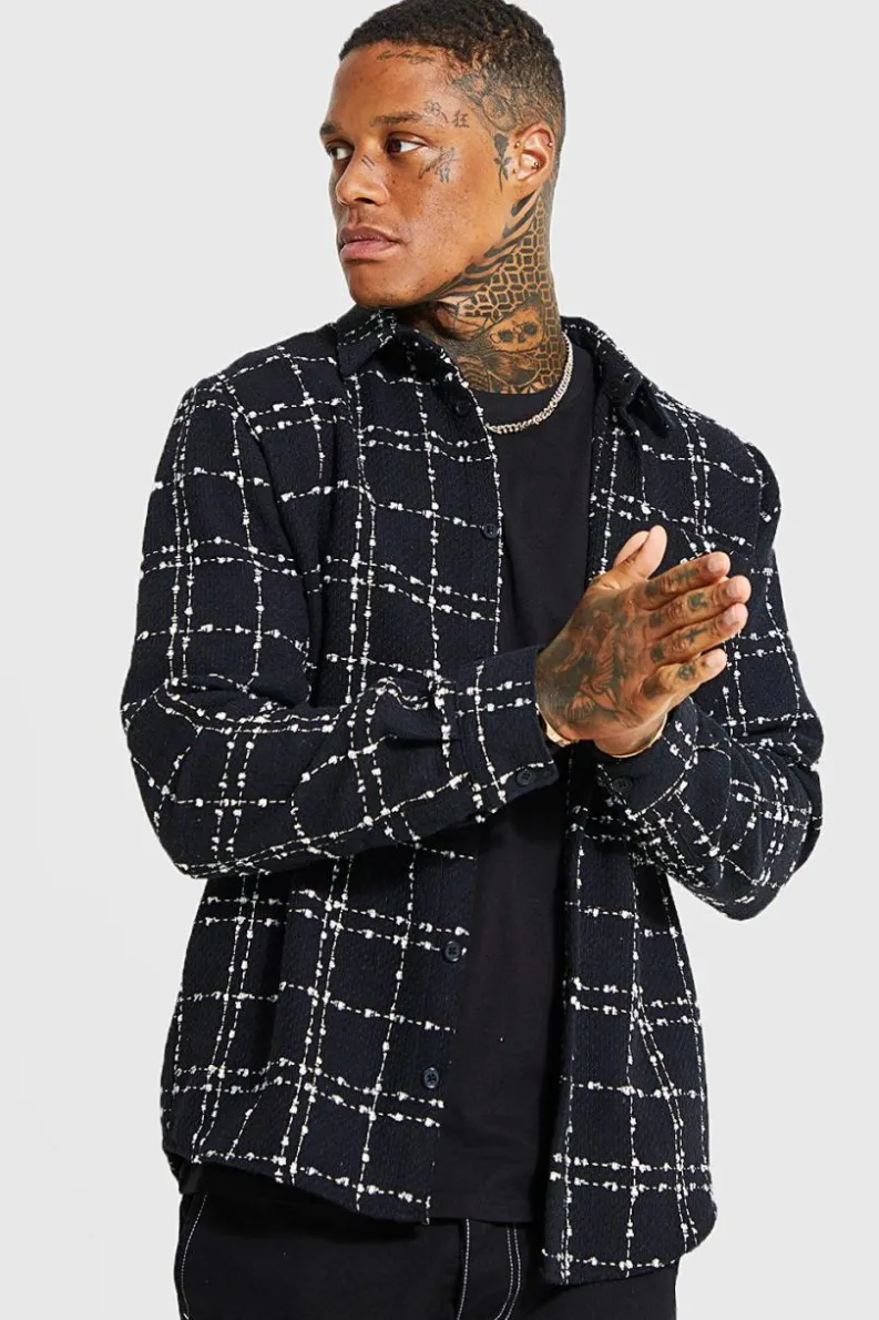 New boohooMAN Heavyweight Textured Check Overshirt black