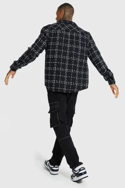 New boohooMAN Heavyweight Textured Check Overshirt black