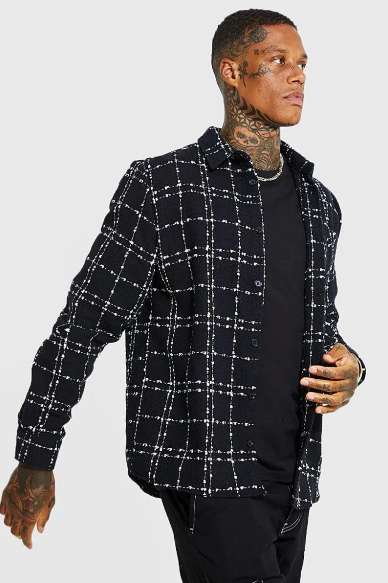New boohooMAN Heavyweight Textured Check Overshirt black