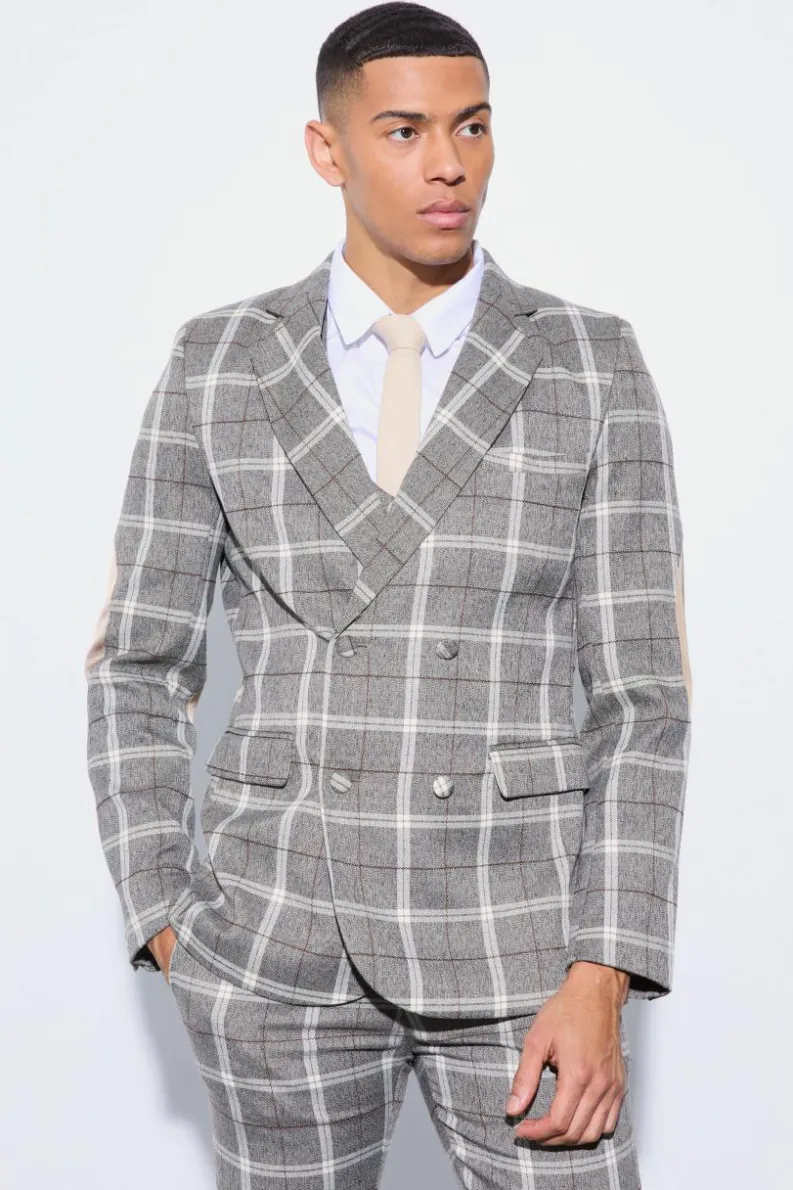 Hot boohoo Herringbone Check Contrast Sleeve Panel Fitted Suit brown