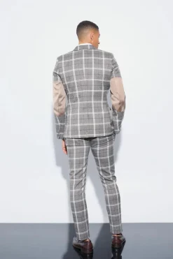 Hot boohoo Herringbone Check Contrast Sleeve Panel Fitted Suit brown