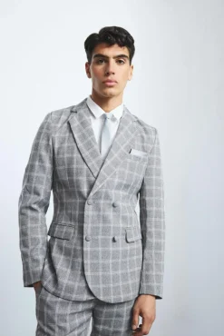 Sale boohooMAN Herringbone Check Contrast Sleeve Panel Fitted Blazer taupe