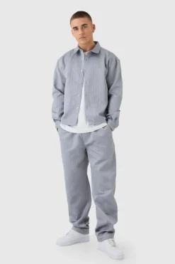 Cheap boohooMAN Herringbone Overshirt & Elasticated Waist Relaxed Trouser Set charcoal