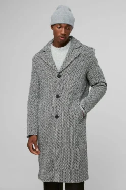Best boohooMAN Herringbone Single Breasted Overcoat In black
