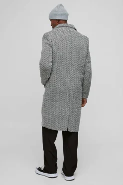 Best boohooMAN Herringbone Single Breasted Overcoat In black