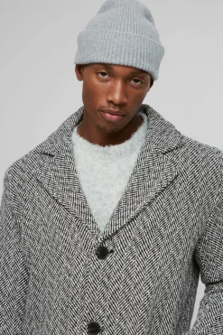 Best boohooMAN Herringbone Single Breasted Overcoat In black