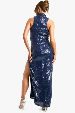 Discount boohoo High Neck Column Sequin Maxi Dress navy