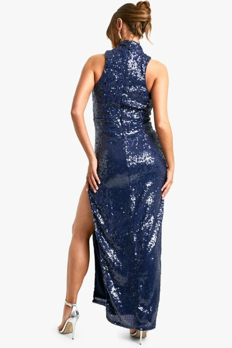 Discount boohoo High Neck Column Sequin Maxi Dress navy