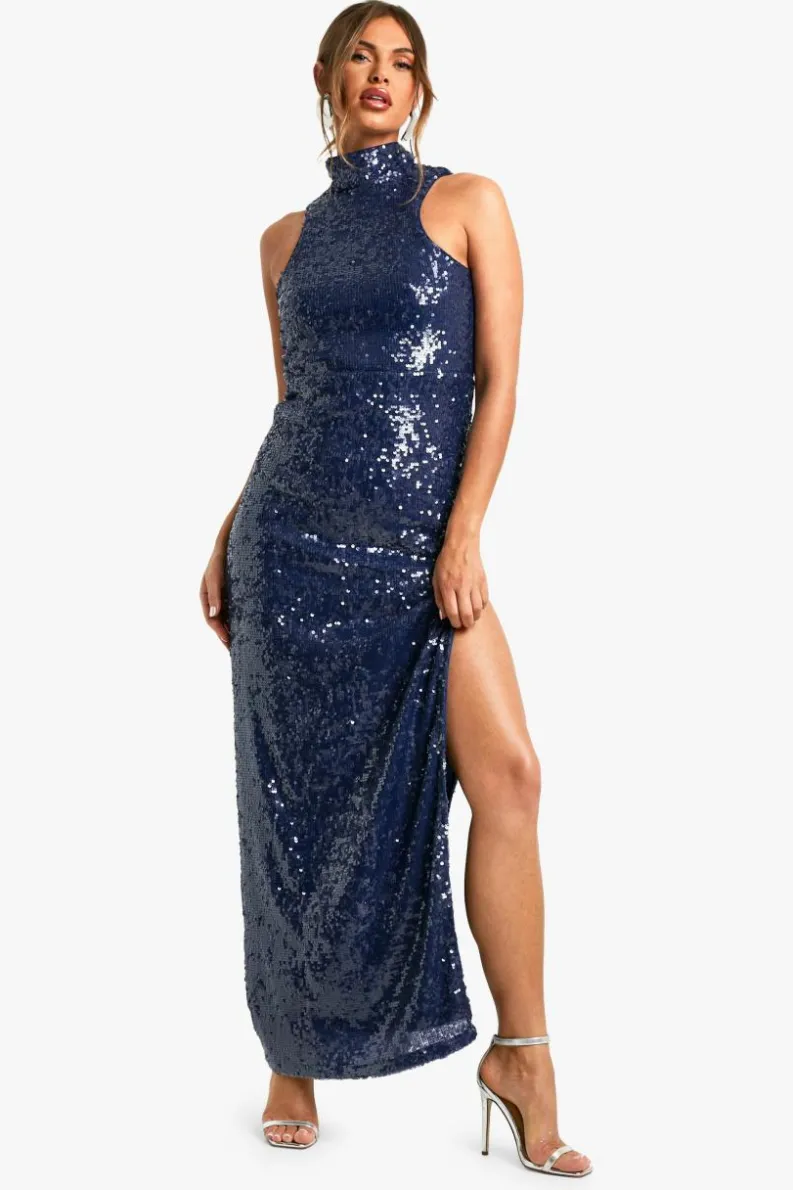 Discount boohoo High Neck Column Sequin Maxi Dress navy