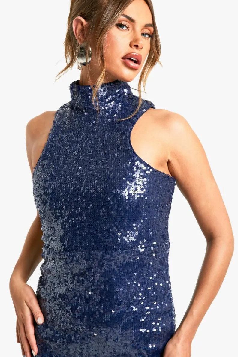 Discount boohoo High Neck Column Sequin Maxi Dress navy