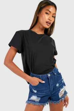 Discount boohoo High Rise Distressed Denim Mom Shorts blue