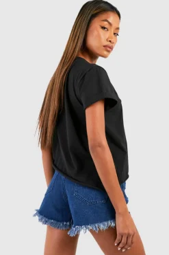 Discount boohoo High Rise Distressed Denim Mom Shorts blue
