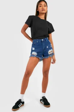 Discount boohoo High Rise Distressed Denim Mom Shorts blue