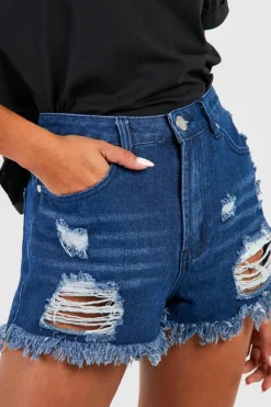 Discount boohoo High Rise Distressed Denim Mom Shorts blue