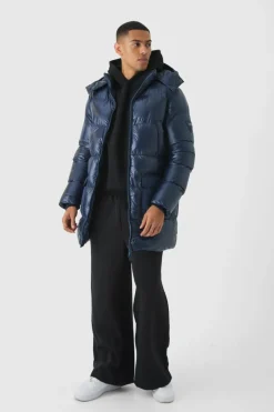 Cheap boohooMAN High Shine & Nylon Mid Length Puffer navy