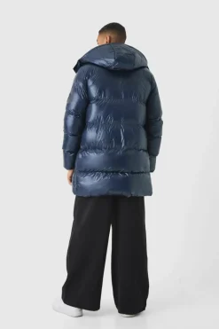 Cheap boohooMAN High Shine & Nylon Mid Length Puffer navy