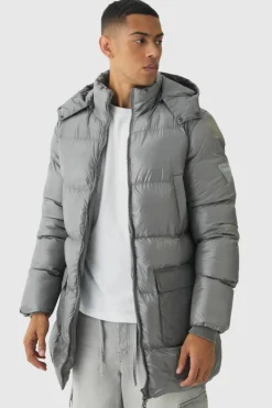 Discount boohooMAN High Shine & Nylon Mid Length Puffer light grey