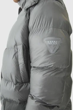 Discount boohooMAN High Shine & Nylon Mid Length Puffer light grey