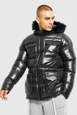 Cheap boohooMAN High Shine 4 Pocket Fur Trim Hood Parka black