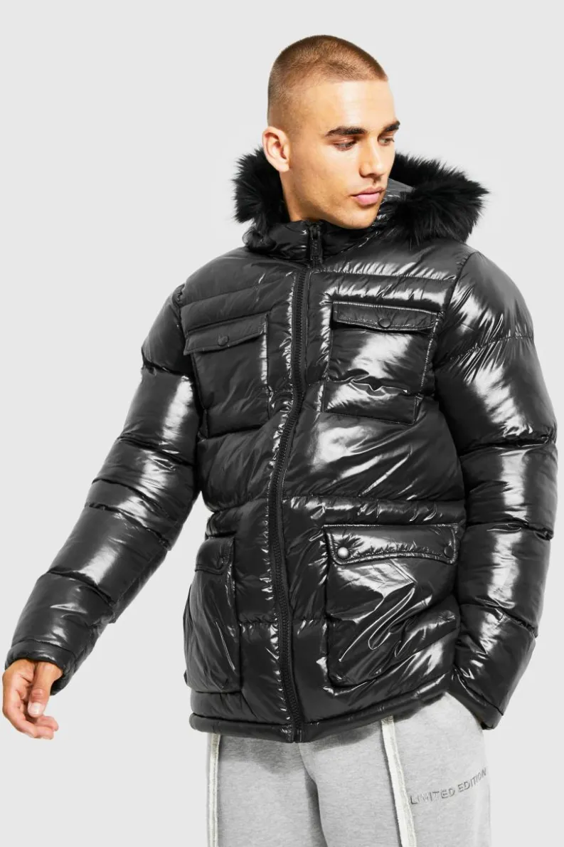 Cheap boohooMAN High Shine 4 Pocket Fur Trim Hood Parka black