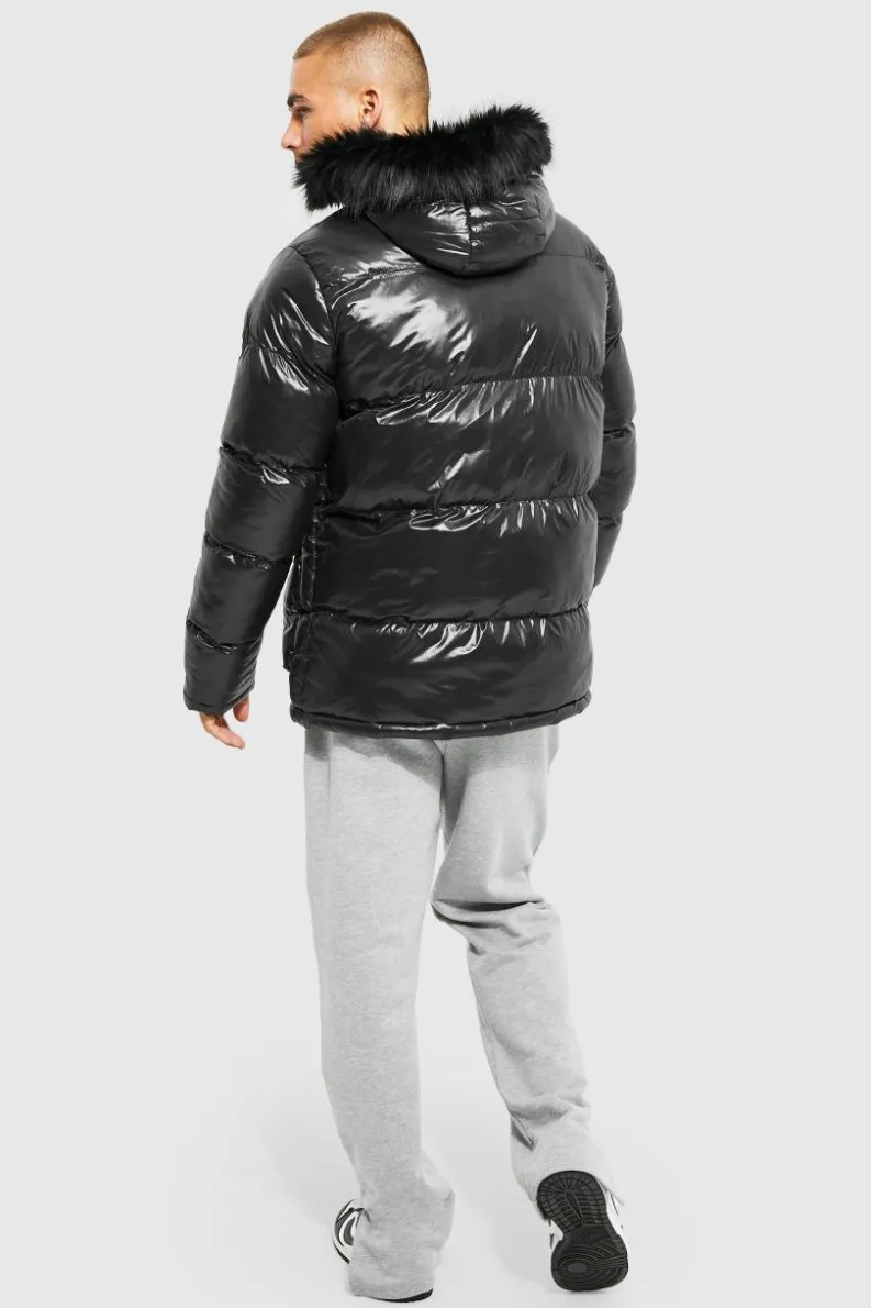Cheap boohooMAN High Shine 4 Pocket Fur Trim Hood Parka black