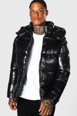 Hot boohooMAN High Shine Puffer Jacket in black