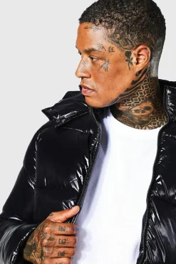 Hot boohooMAN High Shine Puffer Jacket in black