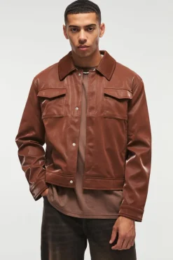 Best Sale boohooMAN High Shine Pu Harrington Jacket In chocolate