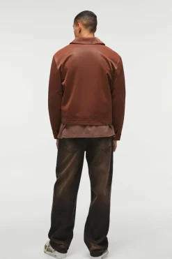 Best Sale boohooMAN High Shine Pu Harrington Jacket In chocolate