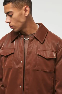 Best Sale boohooMAN High Shine Pu Harrington Jacket In chocolate