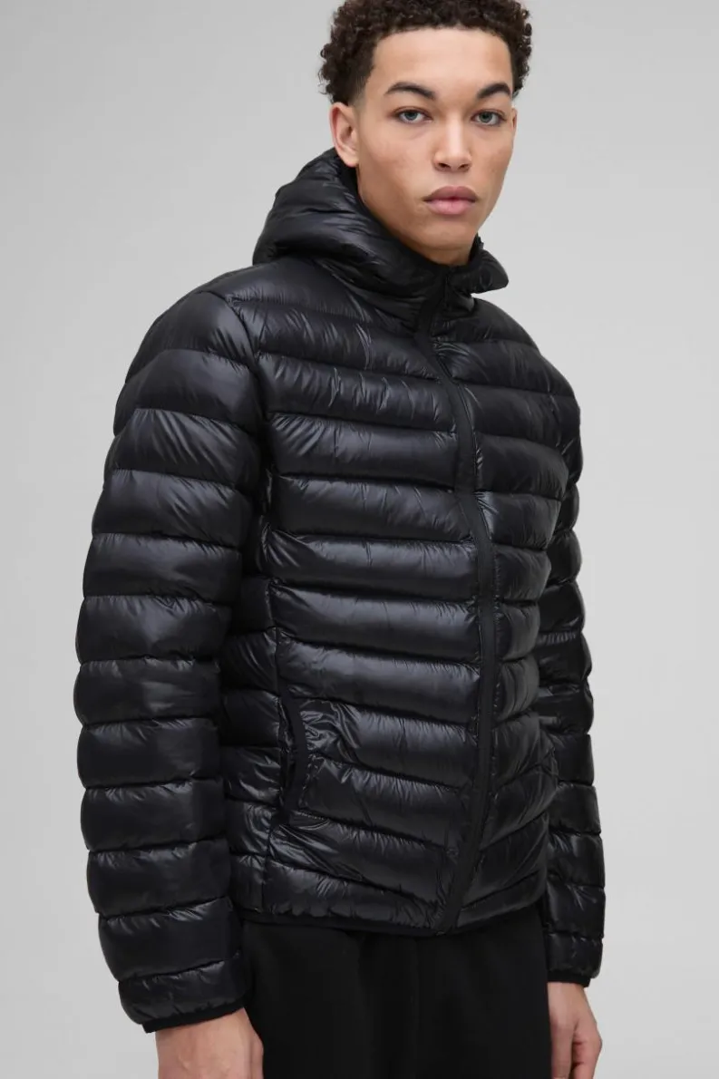 Best boohooMAN High Shine Quilted Hooded Jacket In black