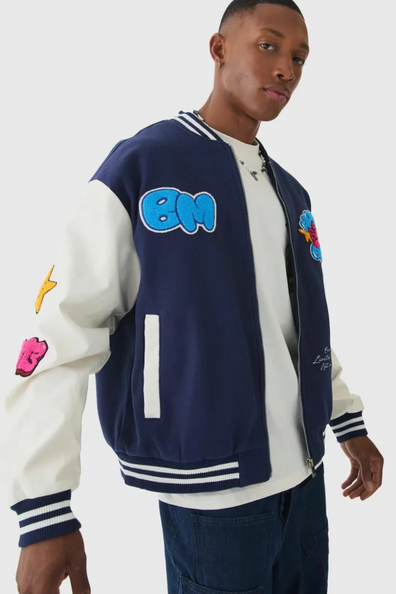 Sale boohooMAN Homme Badge Varsity Jacket In navy