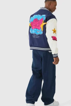 Sale boohooMAN Homme Badge Varsity Jacket In navy