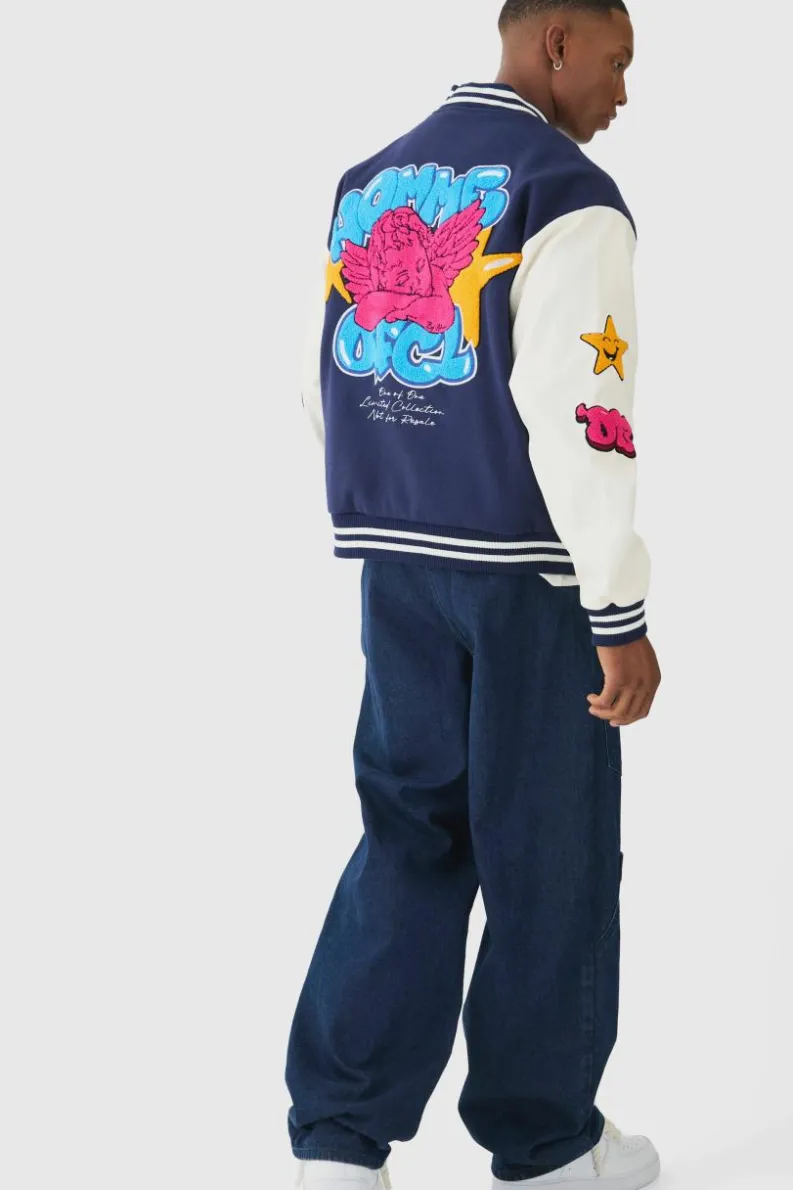 Sale boohooMAN Homme Badge Varsity Jacket In navy