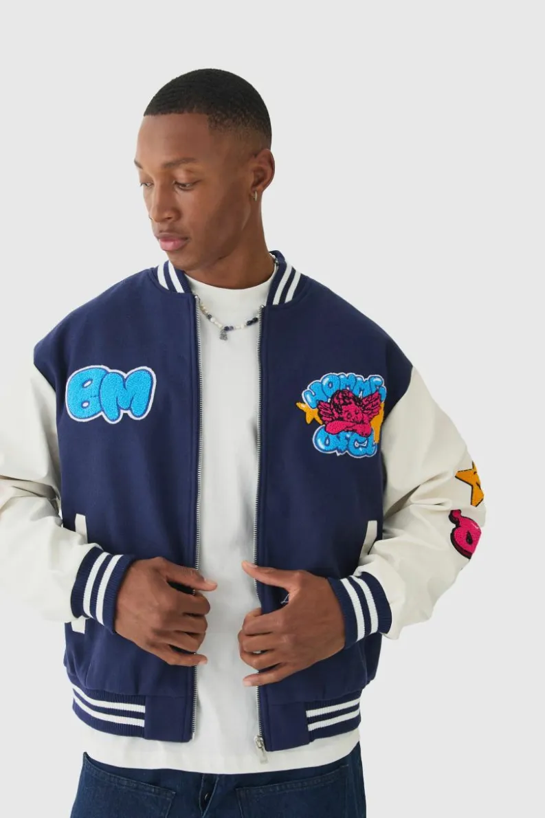 Sale boohooMAN Homme Badge Varsity Jacket In navy
