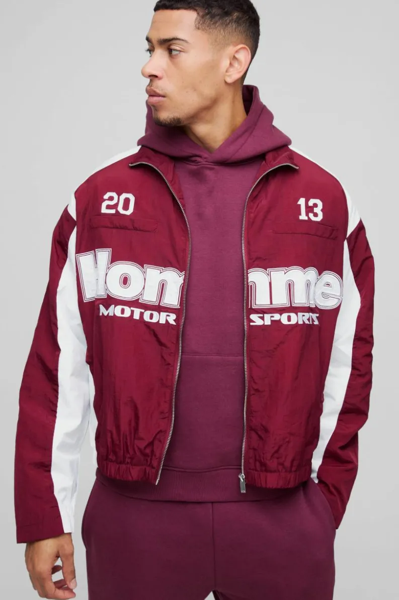 Best Sale boohooMAN Homme Colour Block Funnel Neck Crinkle Nylon Track Jacket burgundy
