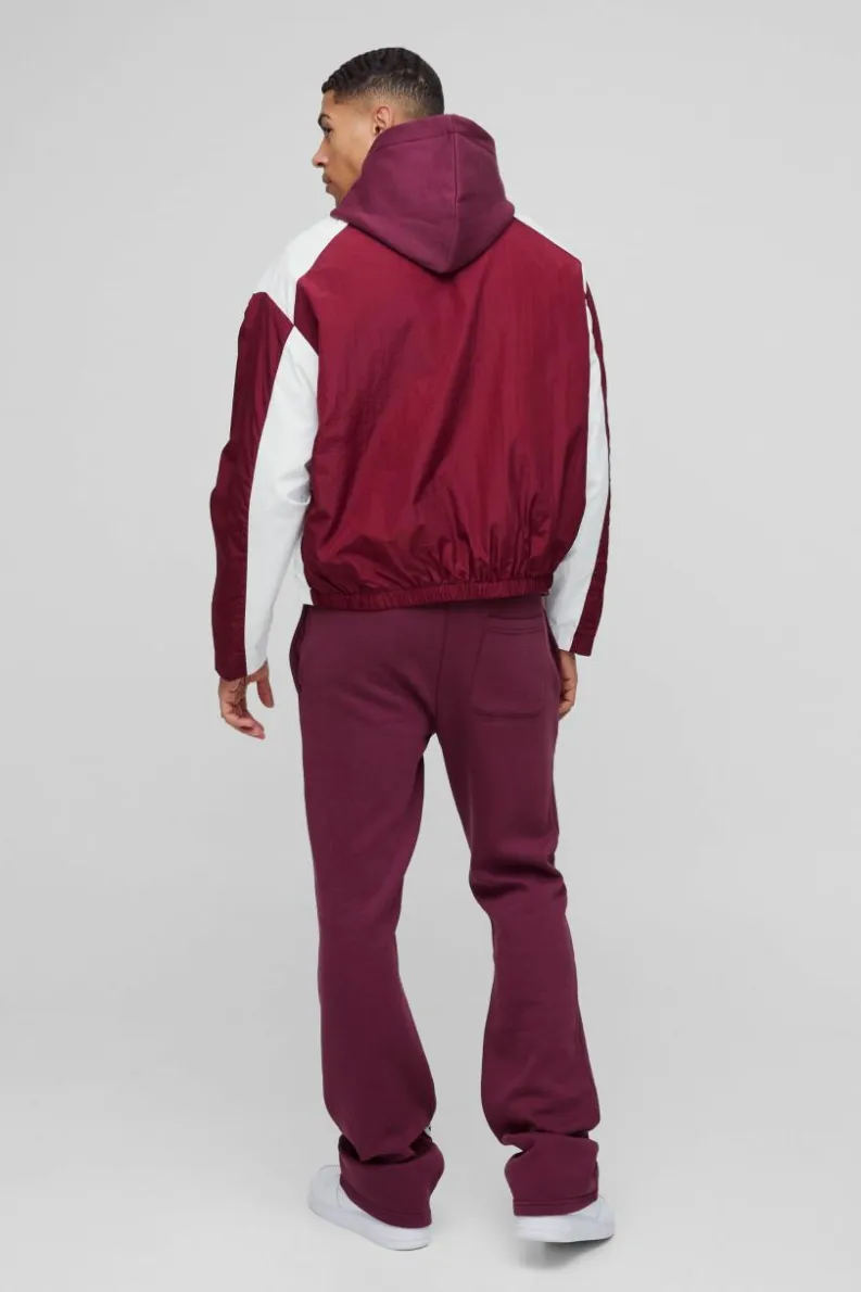 Best Sale boohooMAN Homme Colour Block Funnel Neck Crinkle Nylon Track Jacket burgundy
