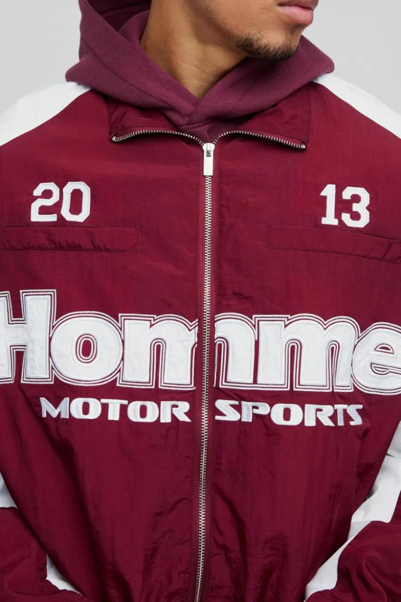 Best Sale boohooMAN Homme Colour Block Funnel Neck Crinkle Nylon Track Jacket burgundy