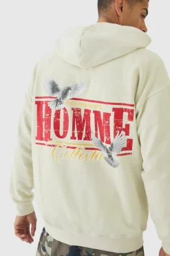 Cheap boohooMAN Homme Dove Printed Zip Through Hoodie ecru