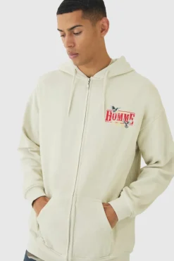 Cheap boohooMAN Homme Dove Printed Zip Through Hoodie ecru