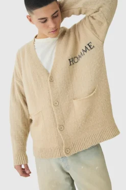 Outlet boohooMAN Homme Fluffy Knit Cardigan ecru