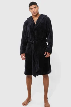 Shop boohooMAN Hooded Dressing Gown black